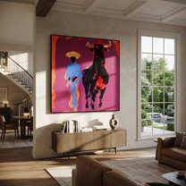 Blue Suit Walks Shadow - cowboy and black bull painting by Ethan Mercer, contemporary Western square wall art – styled room scene view 1