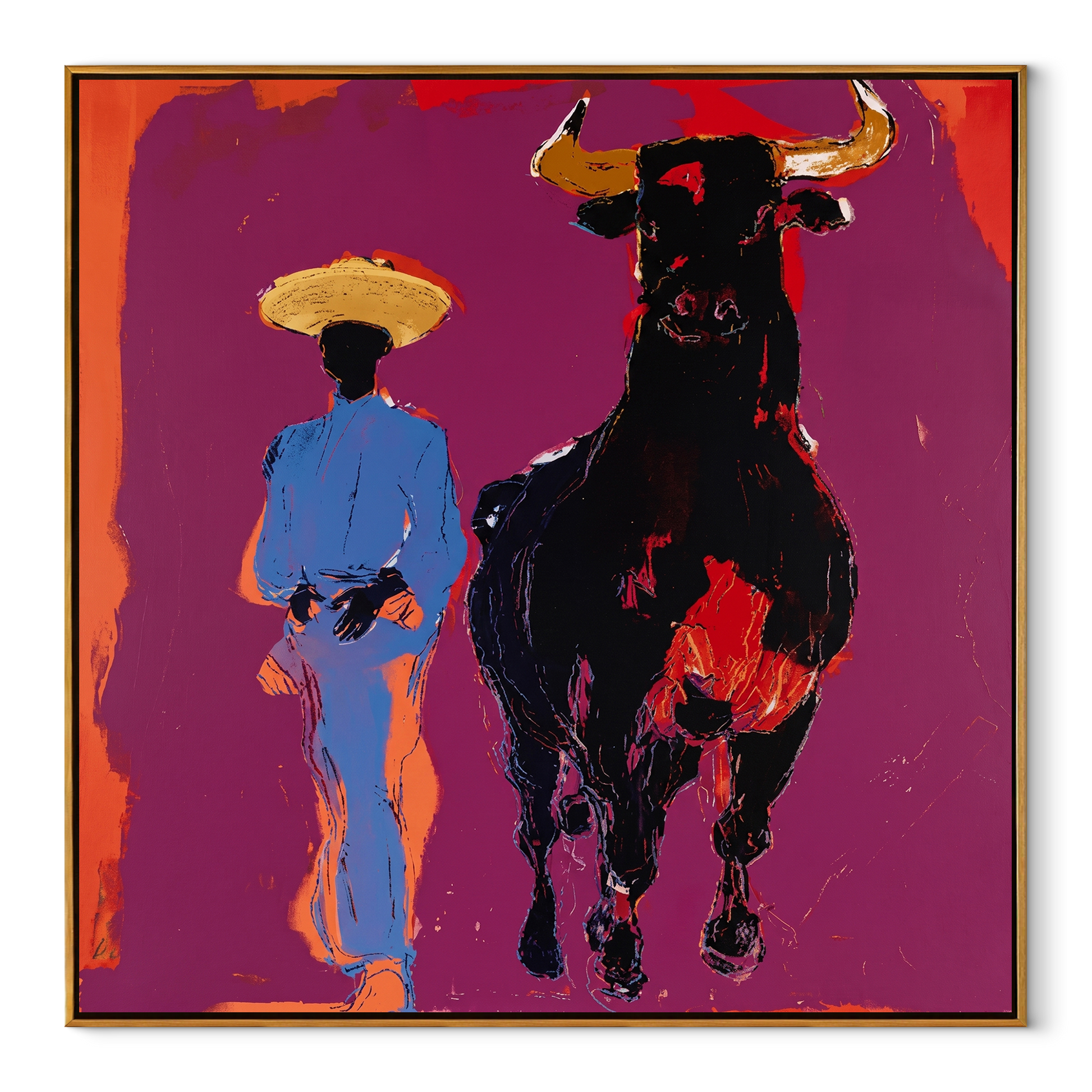 Blue Suit Walks Shadow - cowboy and black bull painting by Ethan Mercer, contemporary Western square wall art – wood frame on white background
