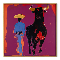 Blue Suit Walks Shadow - cowboy and black bull painting by Ethan Mercer, contemporary Western square wall art – wood frame on white background
