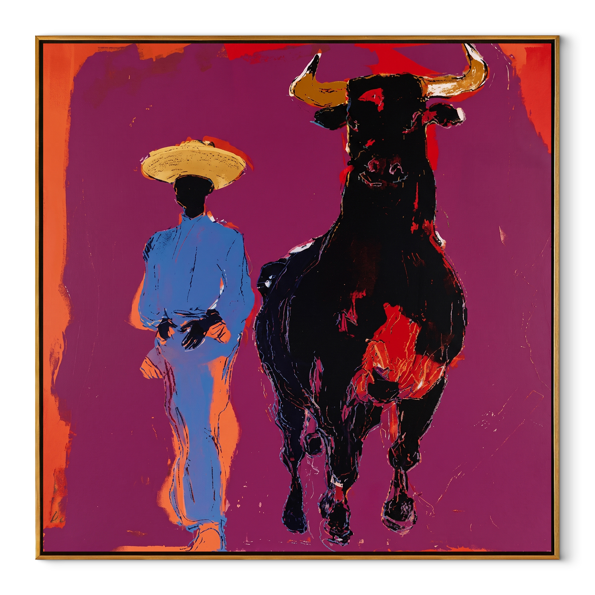 Blue Suit Walks Shadow - cowboy and black bull painting by Ethan Mercer, contemporary Western square wall art – wood frame on white background