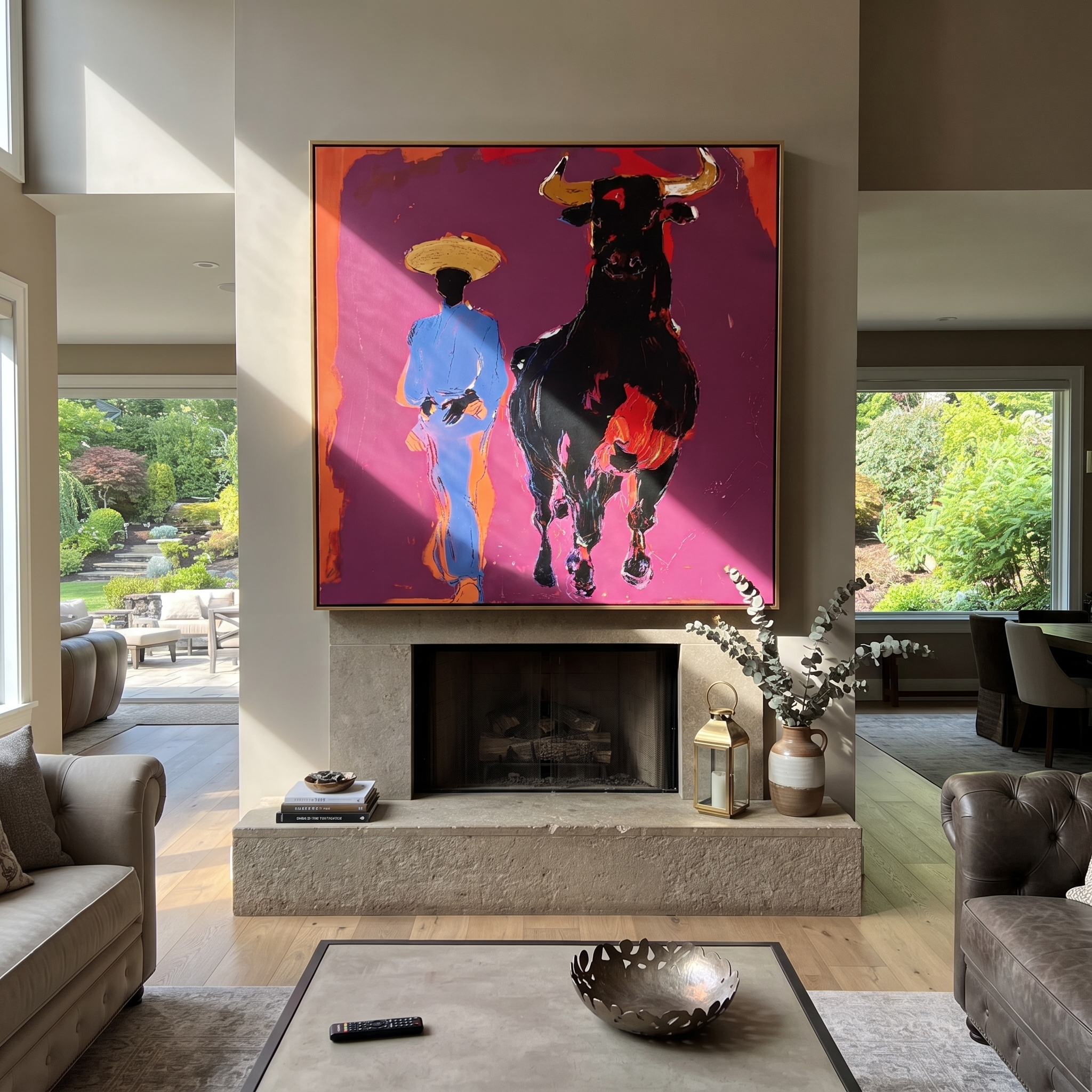 Blue Suit Walks Shadow - cowboy and black bull painting by Ethan Mercer, contemporary Western square wall art – styled room scene view 2