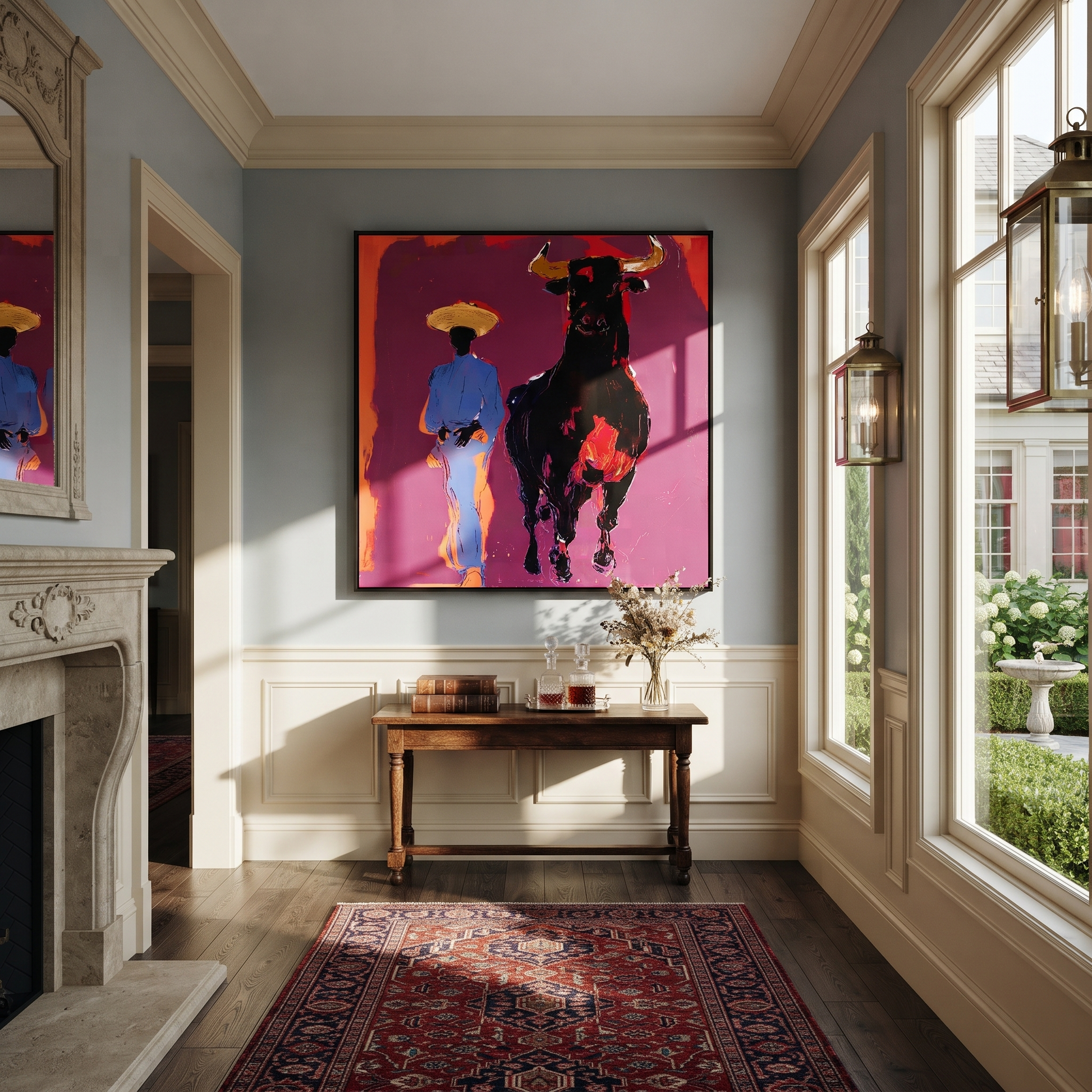 Blue Suit Walks Shadow - cowboy and black bull painting by Ethan Mercer, contemporary Western square wall art – styled room scene view 3