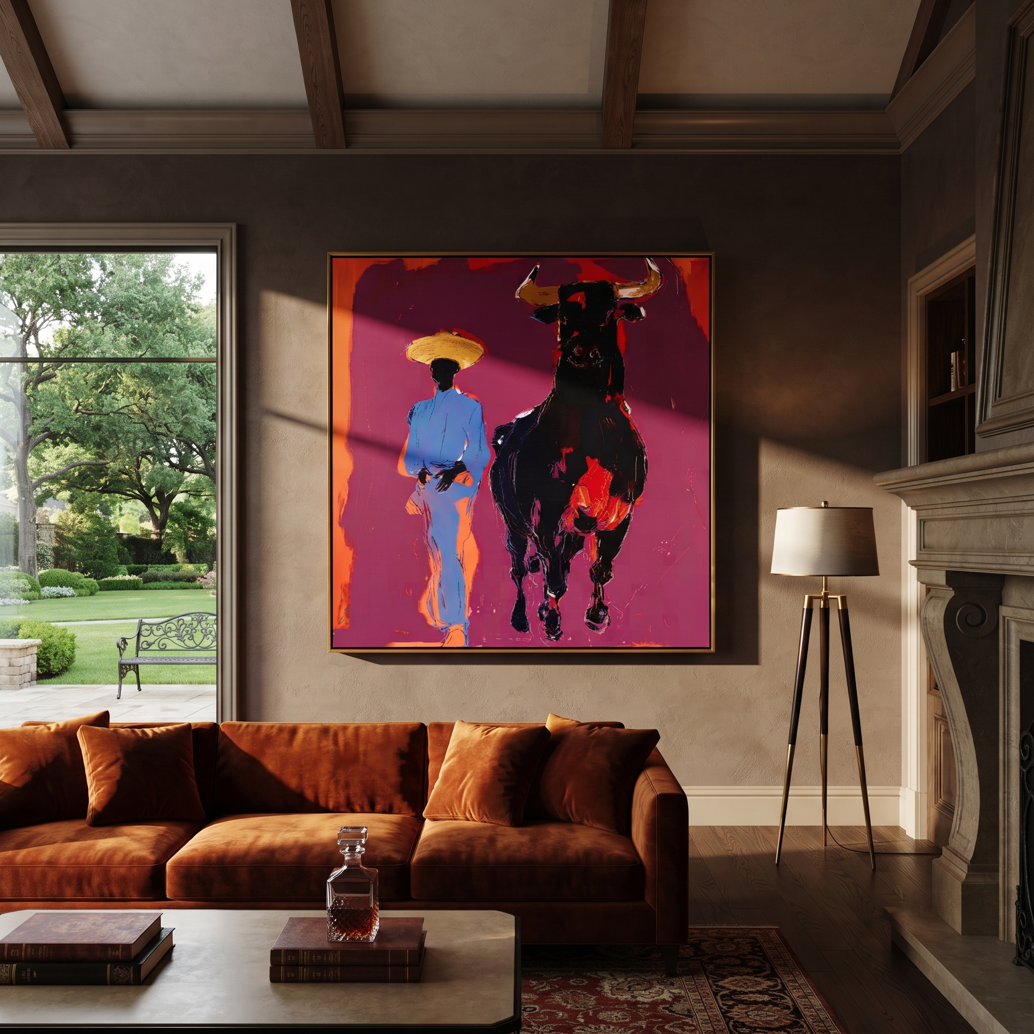Blue Suit Walks Shadow - cowboy and black bull painting by Ethan Mercer, contemporary Western square wall art – styled room scene view 4