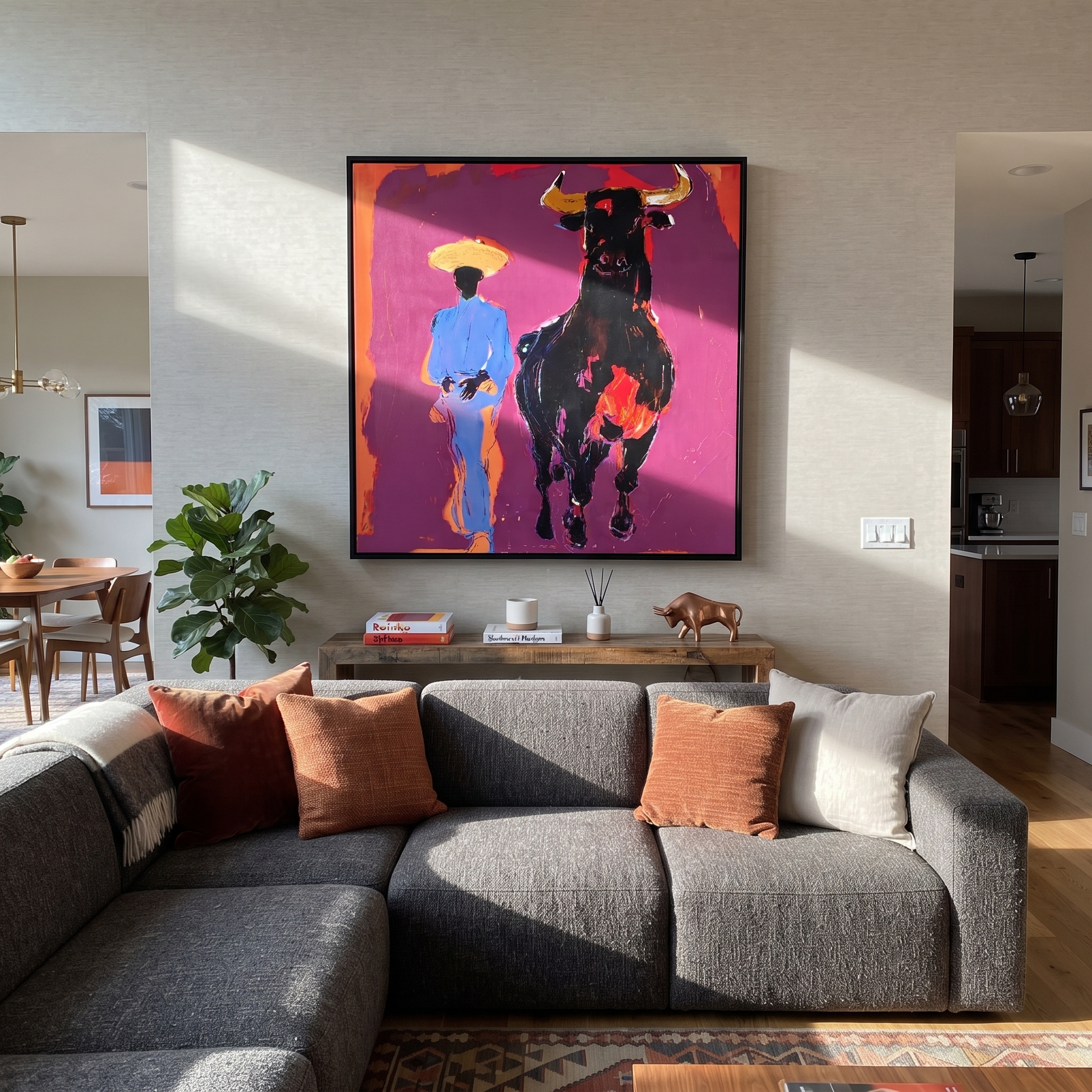 Blue Suit Walks Shadow - cowboy and black bull painting by Ethan Mercer, contemporary Western square wall art – styled room scene view 5
