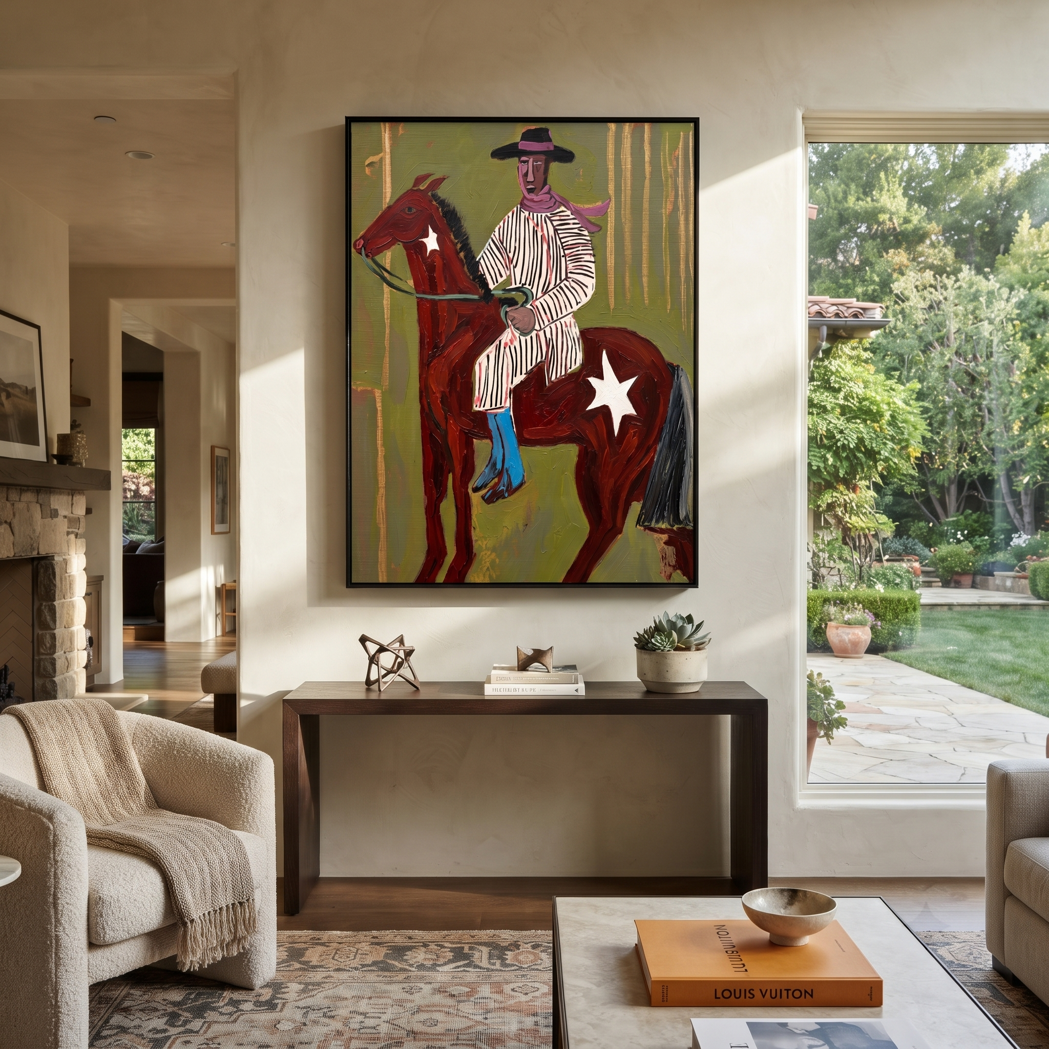 Striped Rider Crosses Olive - brown horse cowboy painting by Ethan Mercer, contemporary Western vertical wall art – styled room scene view 1
