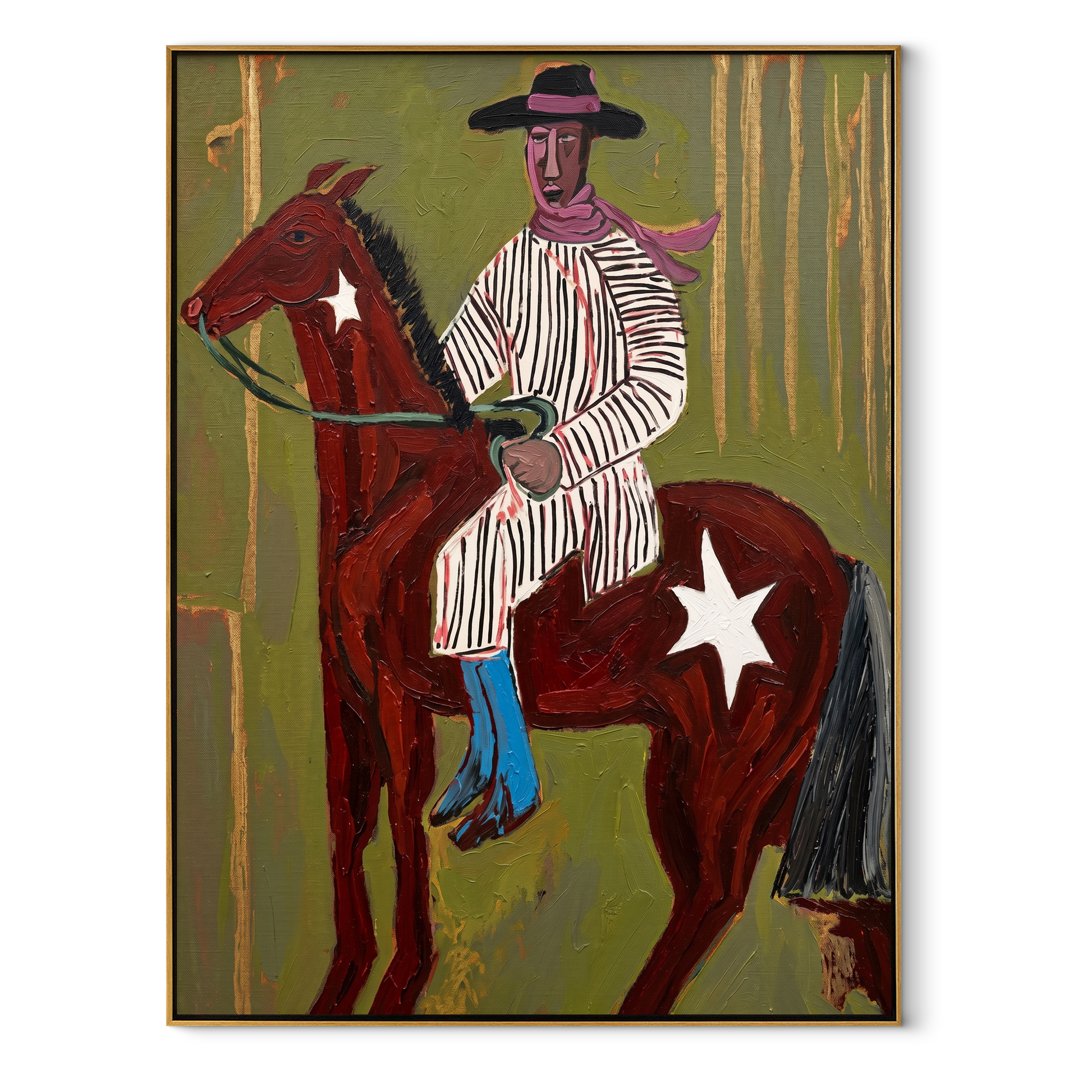 Striped Rider Crosses Olive - brown horse cowboy painting by Ethan Mercer, contemporary Western vertical wall art – wood frame on white background