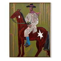 Striped Rider Crosses Olive - brown horse cowboy painting by Ethan Mercer, contemporary Western vertical wall art – wood frame on white background