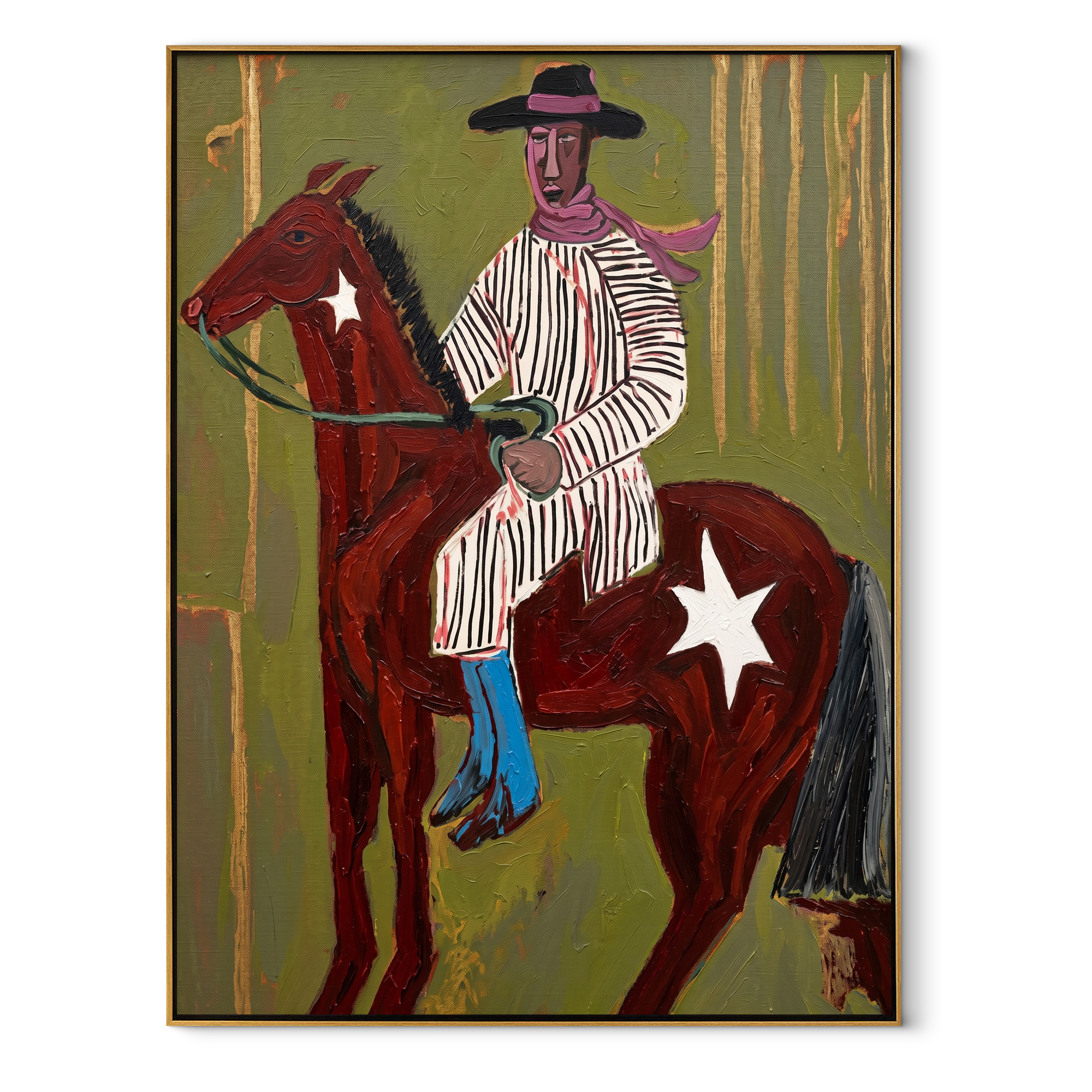 Striped Rider Crosses Olive - brown horse cowboy painting by Ethan Mercer, contemporary Western vertical wall art – wood frame on white background