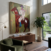 Striped Rider Crosses Olive - brown horse cowboy painting by Ethan Mercer, contemporary Western vertical wall art – styled room scene view 2