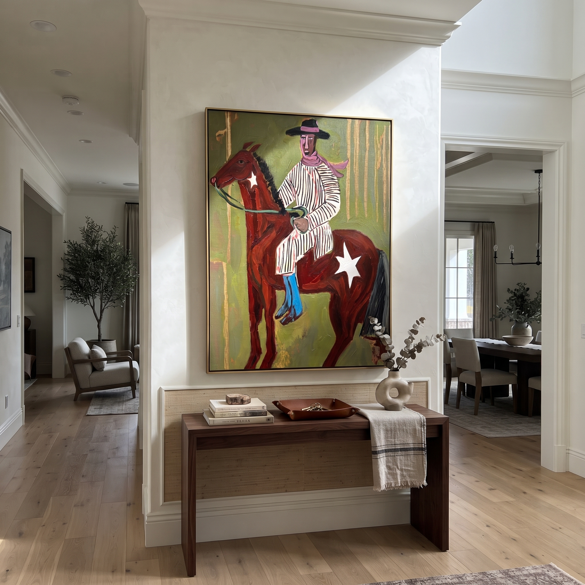 Striped Rider Crosses Olive - brown horse cowboy painting by Ethan Mercer, contemporary Western vertical wall art – styled room scene view 3