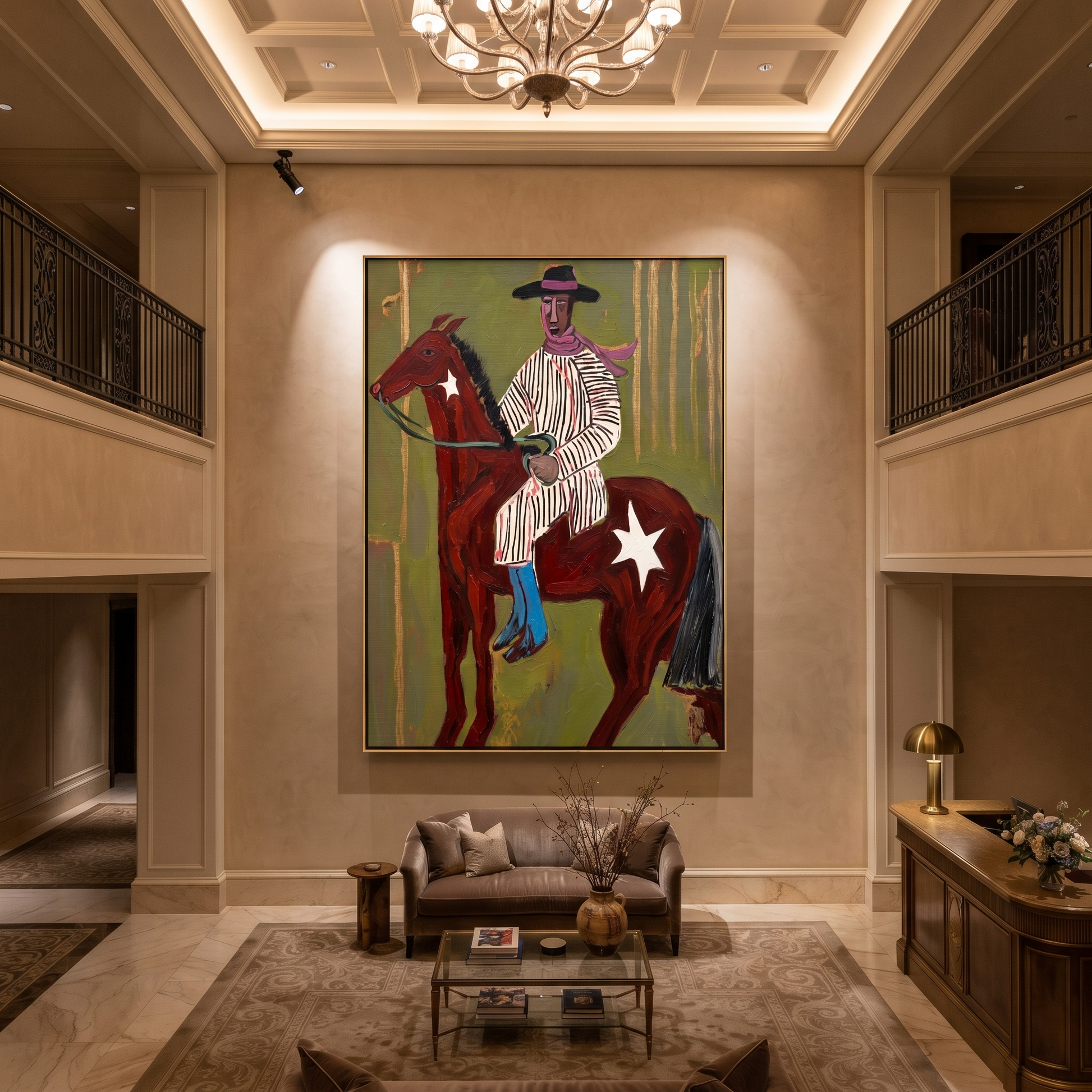 Striped Rider Crosses Olive - brown horse cowboy painting by Ethan Mercer, contemporary Western vertical wall art – styled room scene view 4