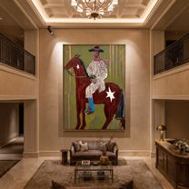 Striped Rider Crosses Olive - brown horse cowboy painting by Ethan Mercer, contemporary Western vertical wall art – styled room scene view 4