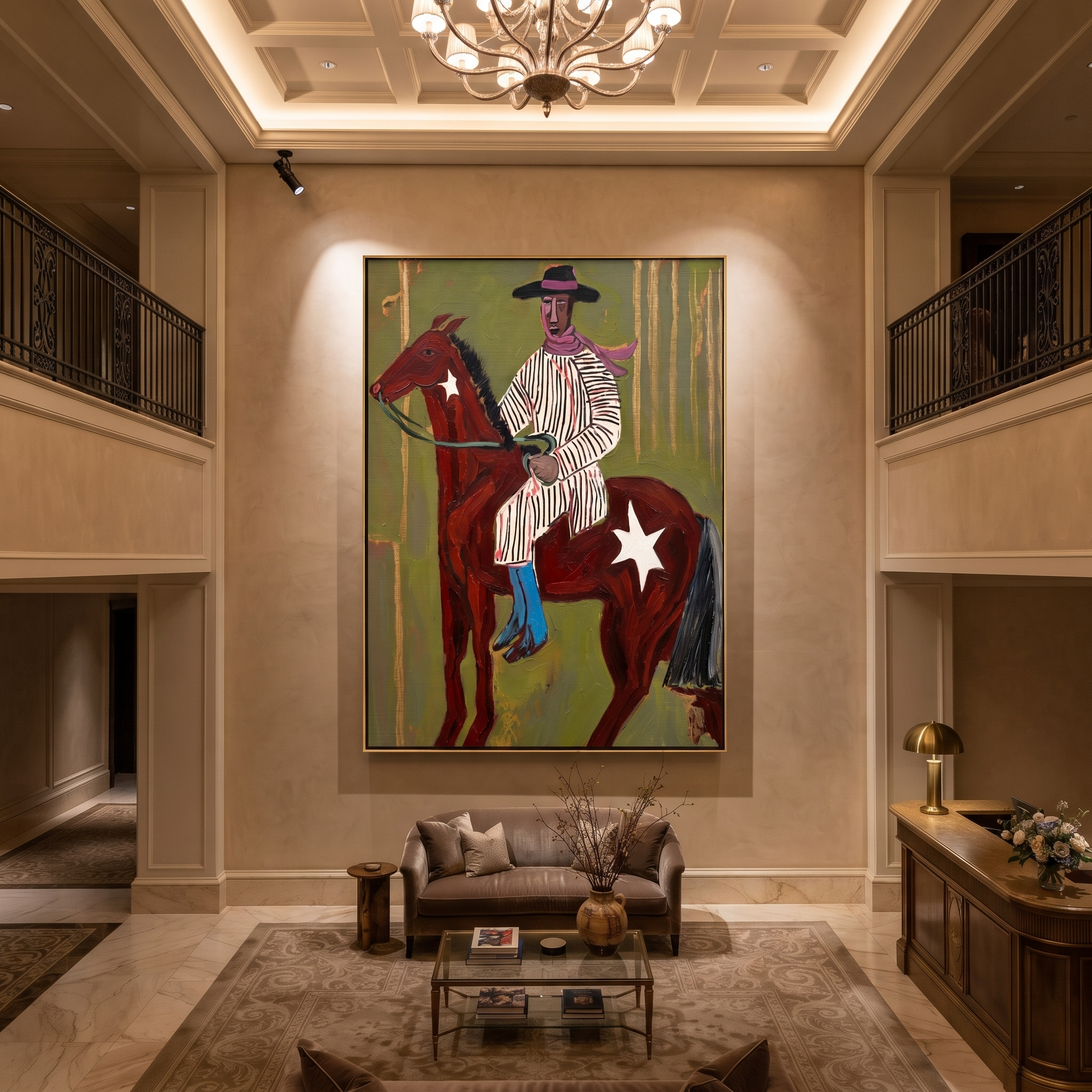 Striped Rider Crosses Olive - brown horse cowboy painting by Ethan Mercer, contemporary Western vertical wall art – styled room scene view 4