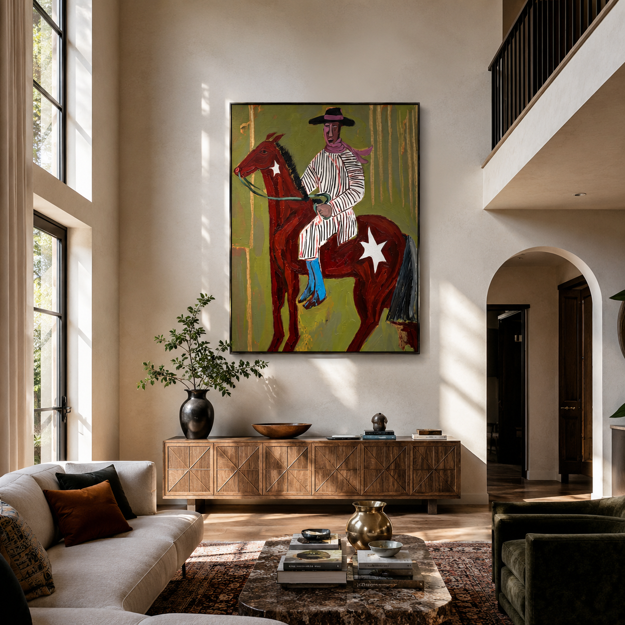 Striped Rider Crosses Olive - brown horse cowboy painting by Ethan Mercer, contemporary Western vertical wall art – styled room scene view 5