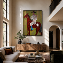 Striped Rider Crosses Olive - brown horse cowboy painting by Ethan Mercer, contemporary Western vertical wall art – styled room scene view 5