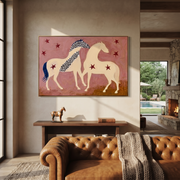 Two Cream Horses Gather - two horses folk painting by Ethan Mercer, contemporary Western horizontal wall art – styled room scene view 1