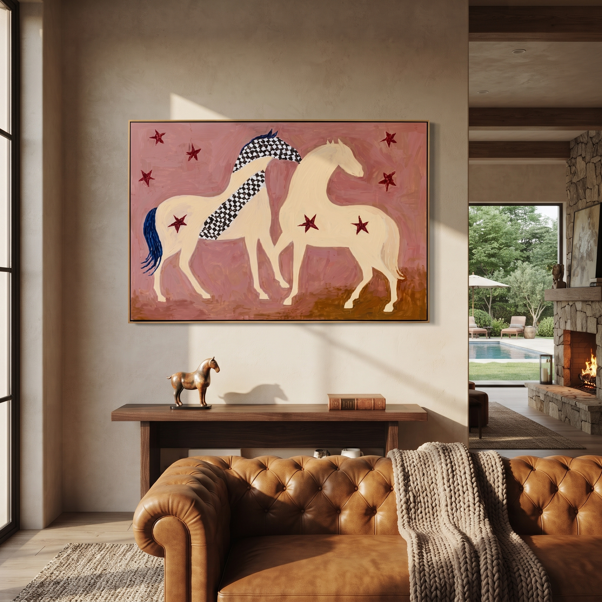 Two Cream Horses Gather - two horses folk painting by Ethan Mercer, contemporary Western horizontal wall art – styled room scene view 1