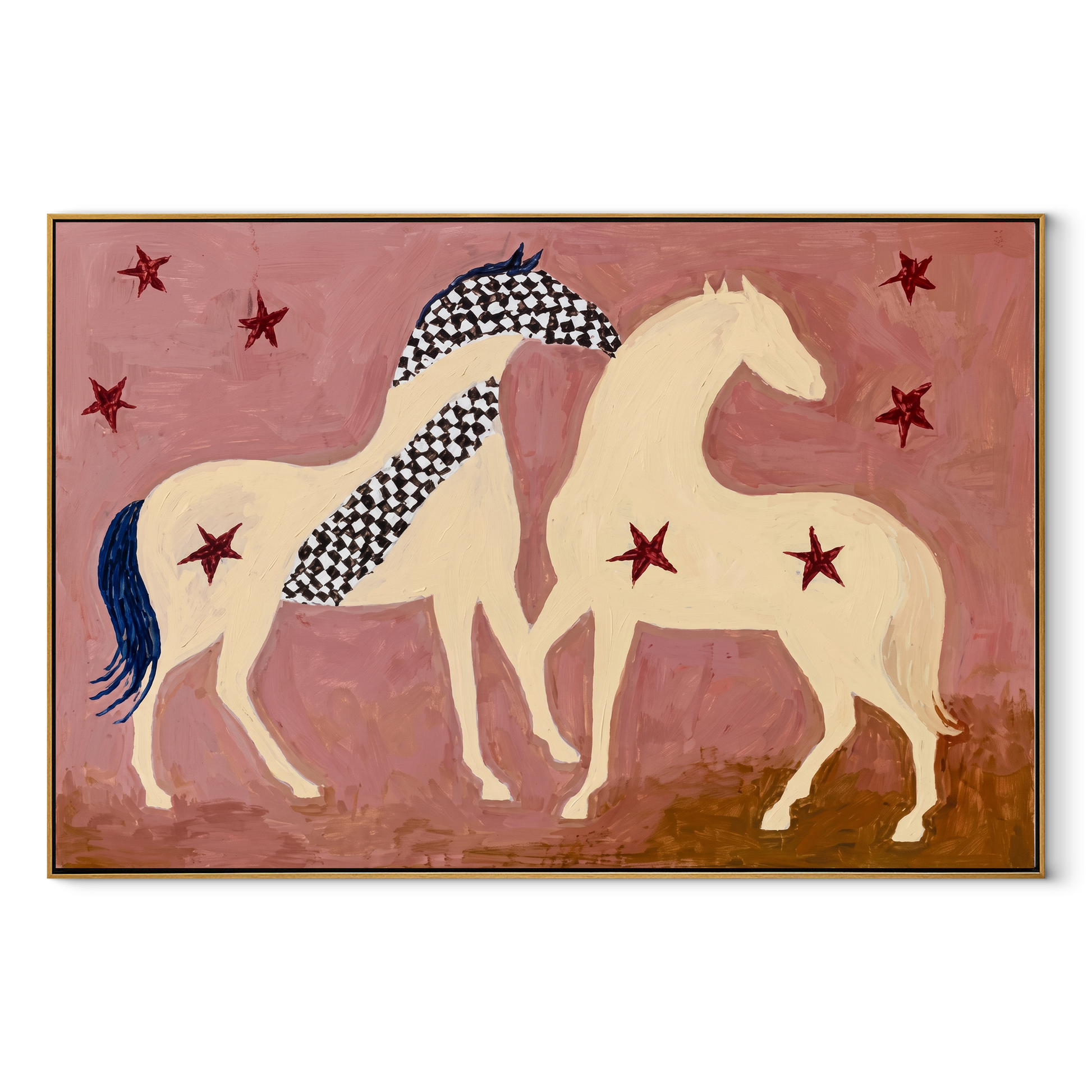 Two Cream Horses Gather - two horses folk painting by Ethan Mercer, contemporary Western horizontal wall art – wood frame on white background