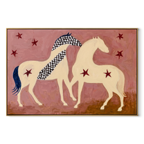 Two Cream Horses Gather - two horses folk painting by Ethan Mercer, contemporary Western horizontal wall art – wood frame on white background
