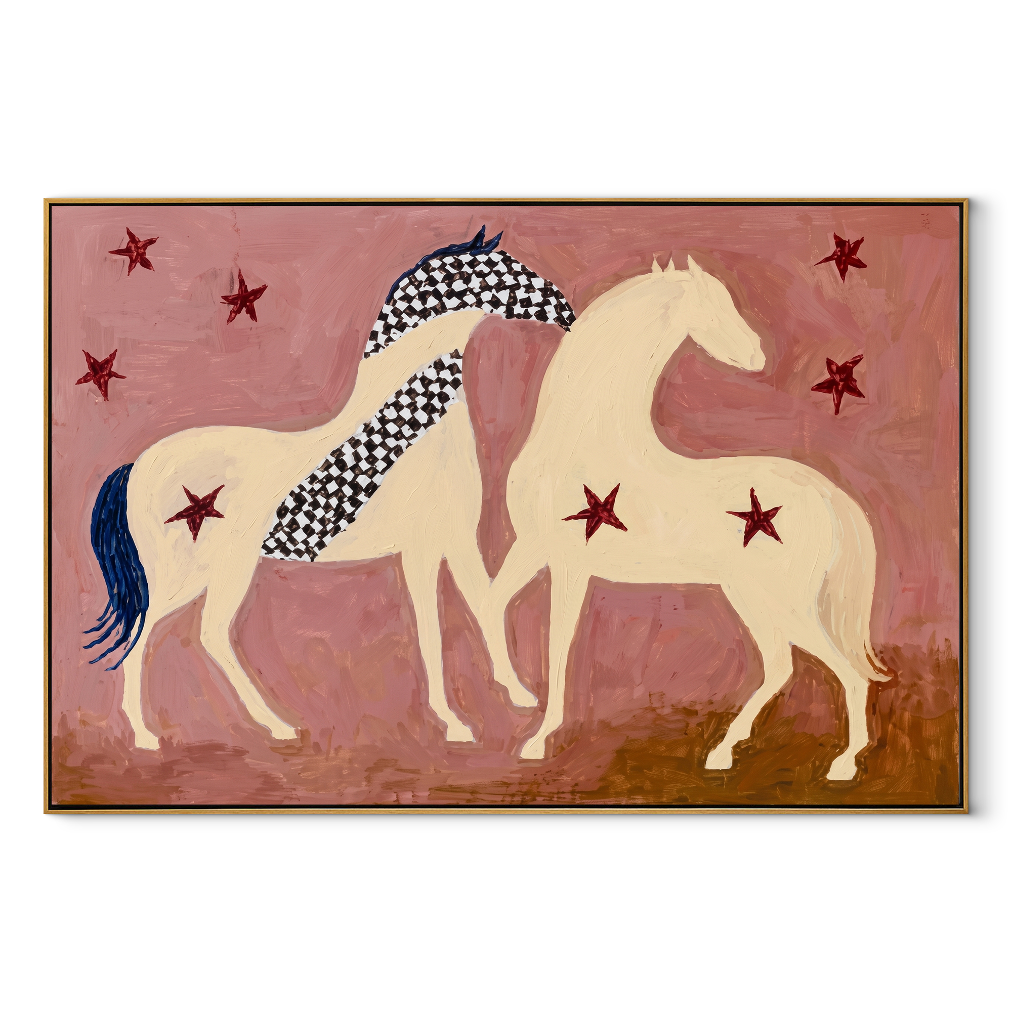 Two Cream Horses Gather - two horses folk painting by Ethan Mercer, contemporary Western horizontal wall art – wood frame on white background