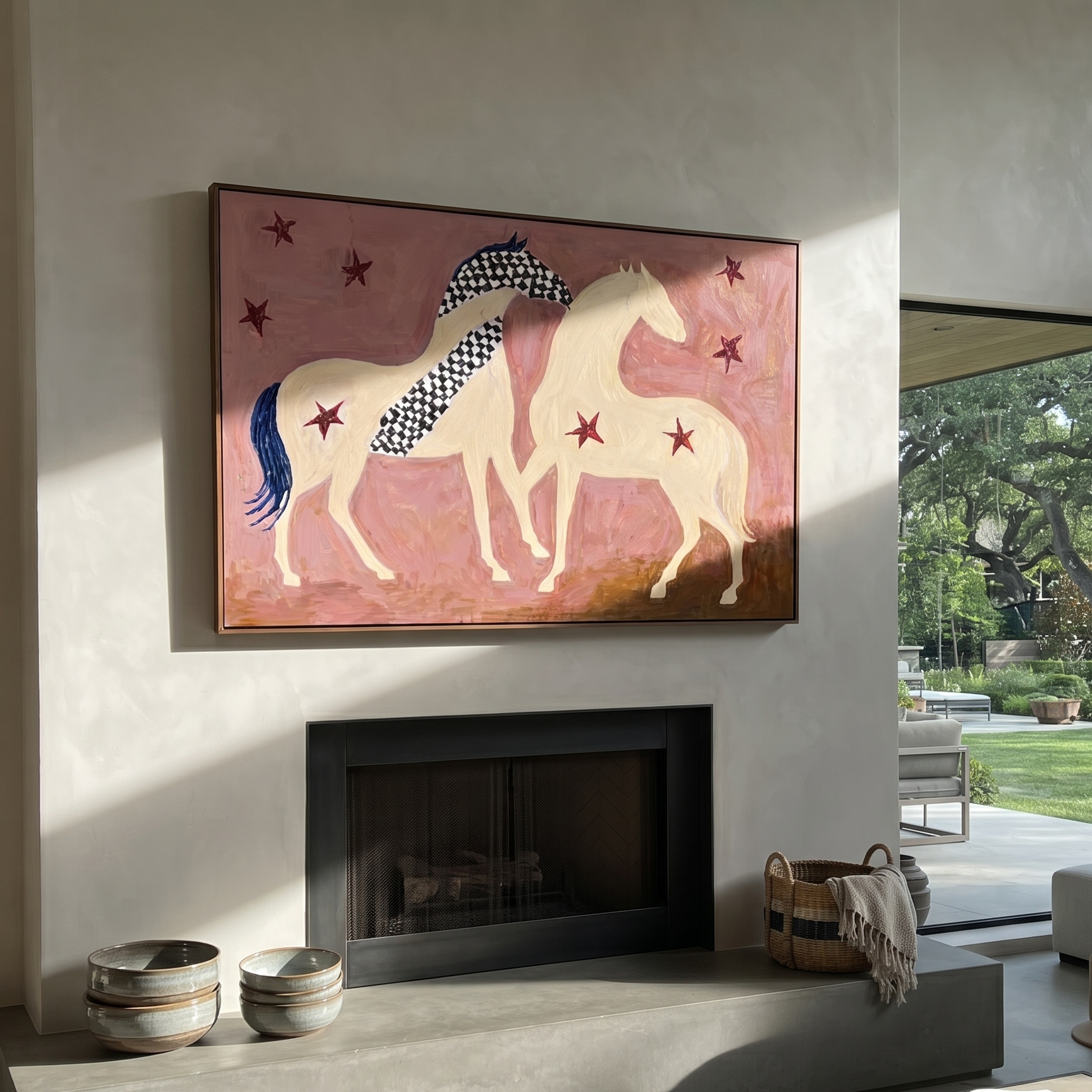 Two Cream Horses Gather - two horses folk painting by Ethan Mercer, contemporary Western horizontal wall art – styled room scene view 3