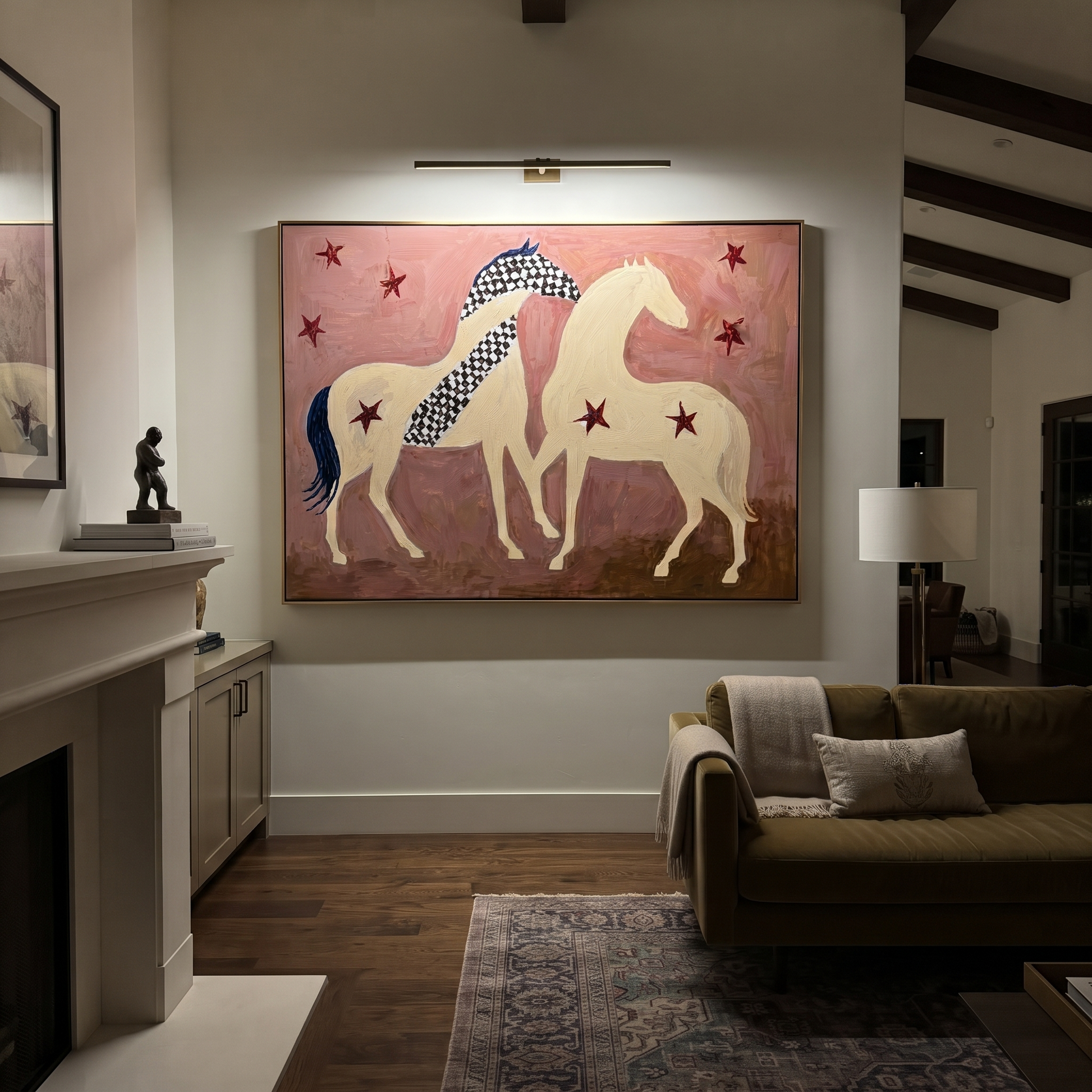Two Cream Horses Gather - two horses folk painting by Ethan Mercer, contemporary Western horizontal wall art – styled room scene view 5