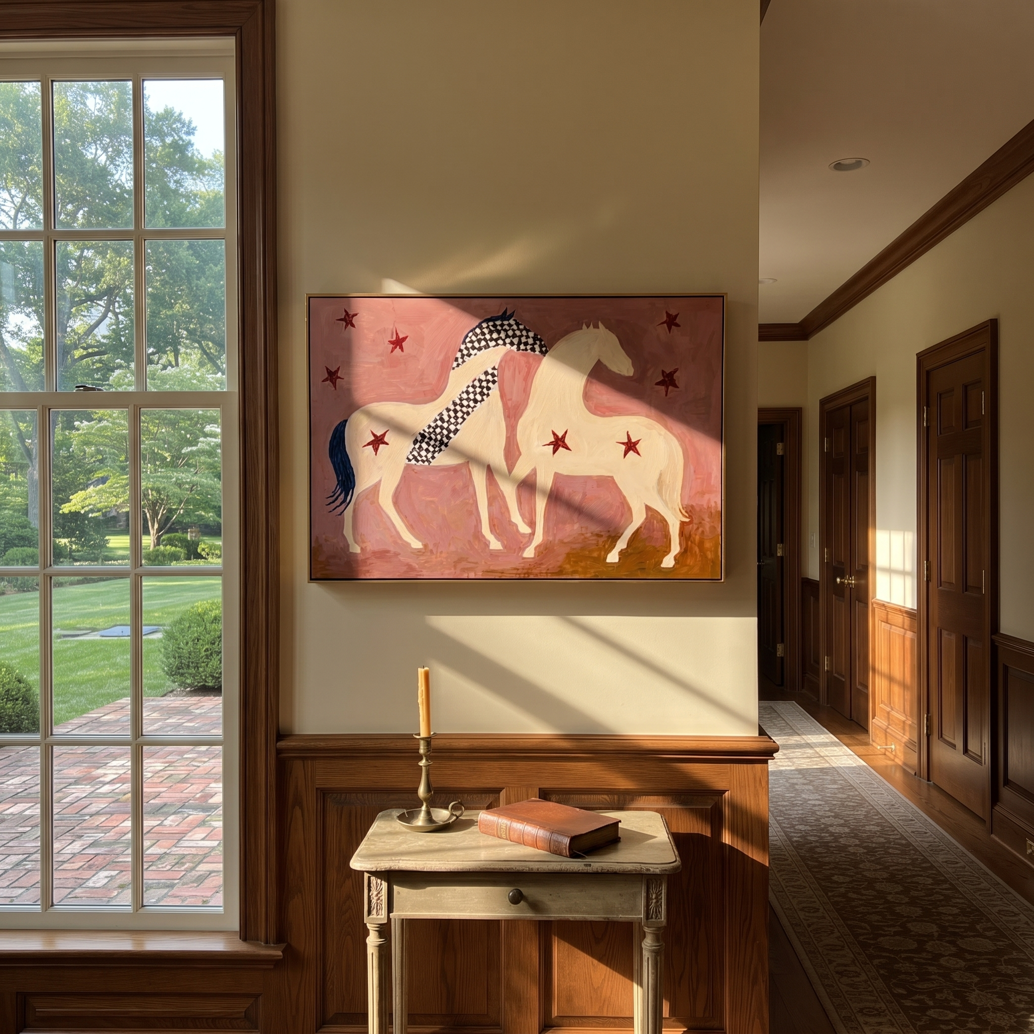 Two Cream Horses Gather - two horses folk painting by Ethan Mercer, contemporary Western horizontal wall art – styled room scene view 6
