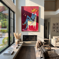 Blue Boots Rest Quietly - seated cowboy portrait painting by Ethan Mercer, contemporary Western vertical wall art – styled room scene view 1