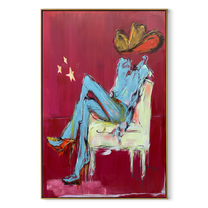 Blue Boots Rest Quietly - seated cowboy portrait painting by Ethan Mercer, contemporary Western vertical wall art – wood frame on white background