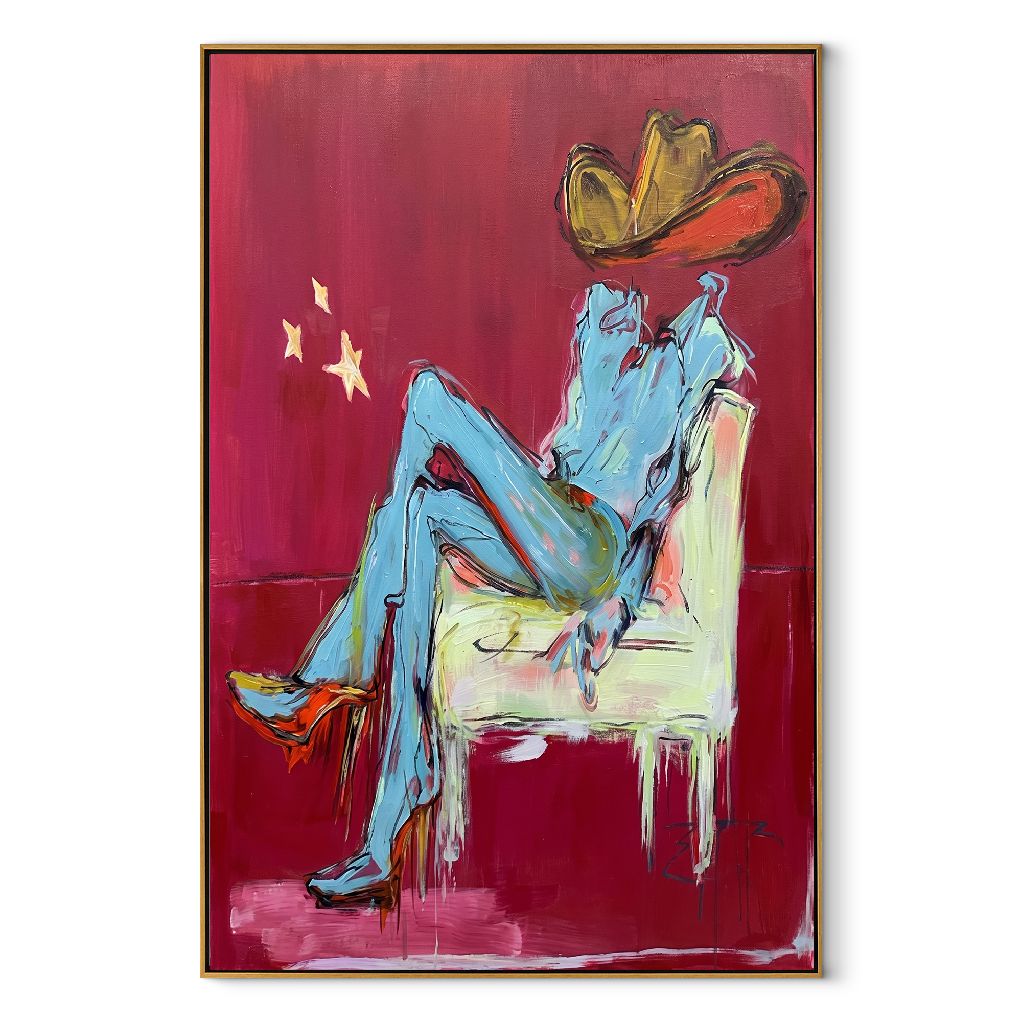 Blue Boots Rest Quietly - seated cowboy portrait painting by Ethan Mercer, contemporary Western vertical wall art – wood frame on white background