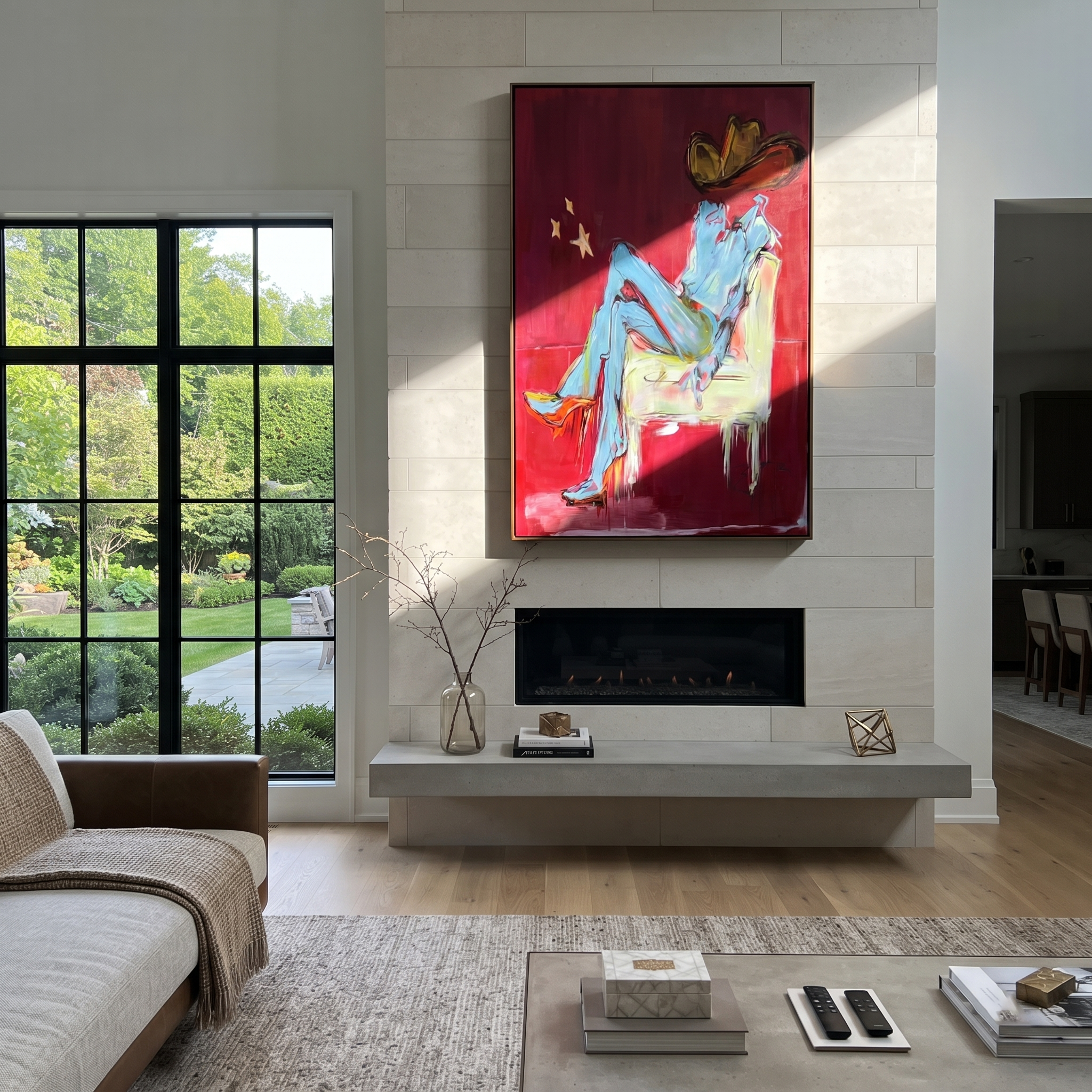 Blue Boots Rest Quietly - seated cowboy portrait painting by Ethan Mercer, contemporary Western vertical wall art – styled room scene view 2