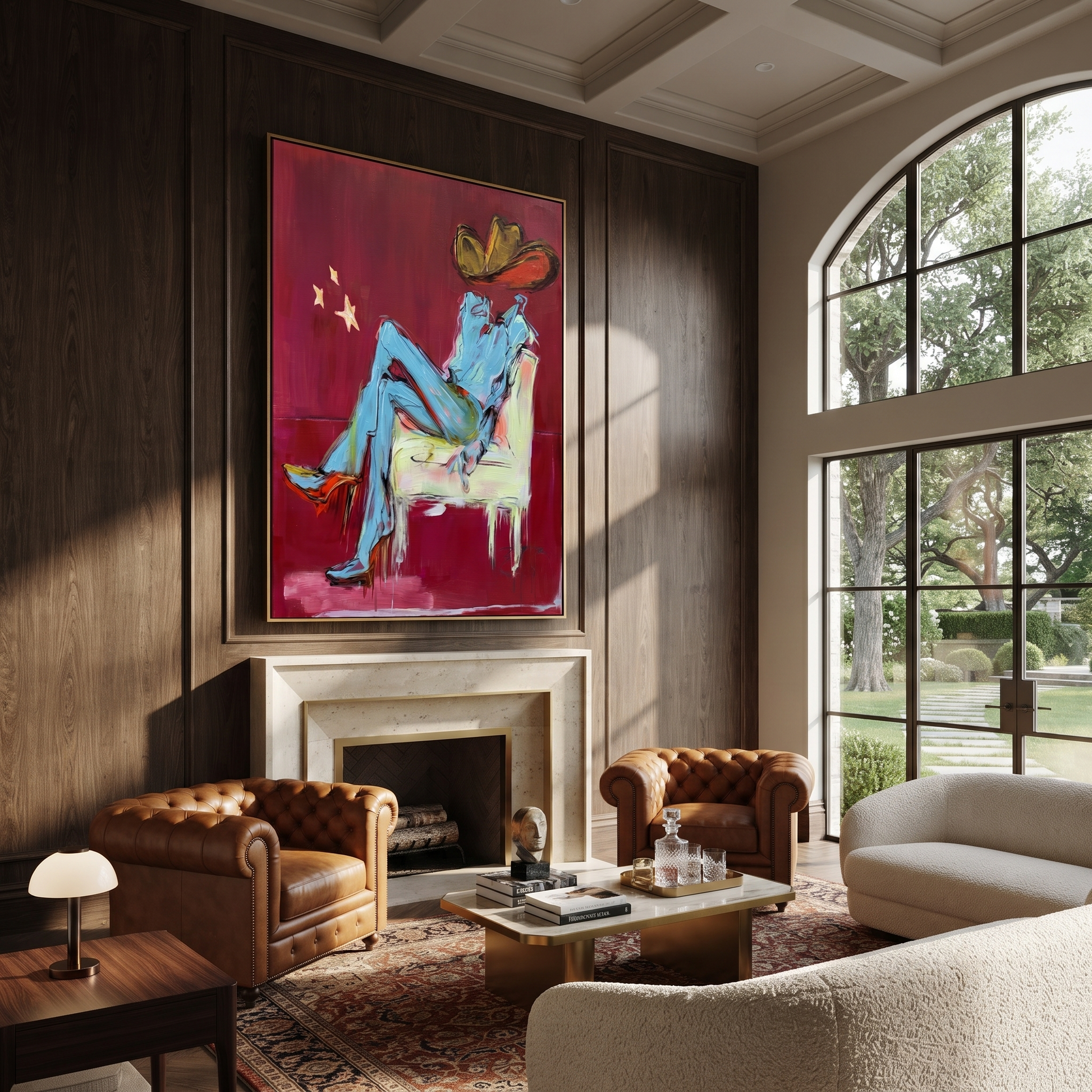 Blue Boots Rest Quietly - seated cowboy portrait painting by Ethan Mercer, contemporary Western vertical wall art – styled room scene view 3