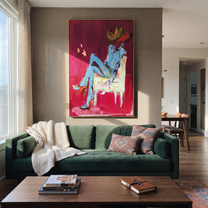 Blue Boots Rest Quietly - seated cowboy portrait painting by Ethan Mercer, contemporary Western vertical wall art – styled room scene view 4
