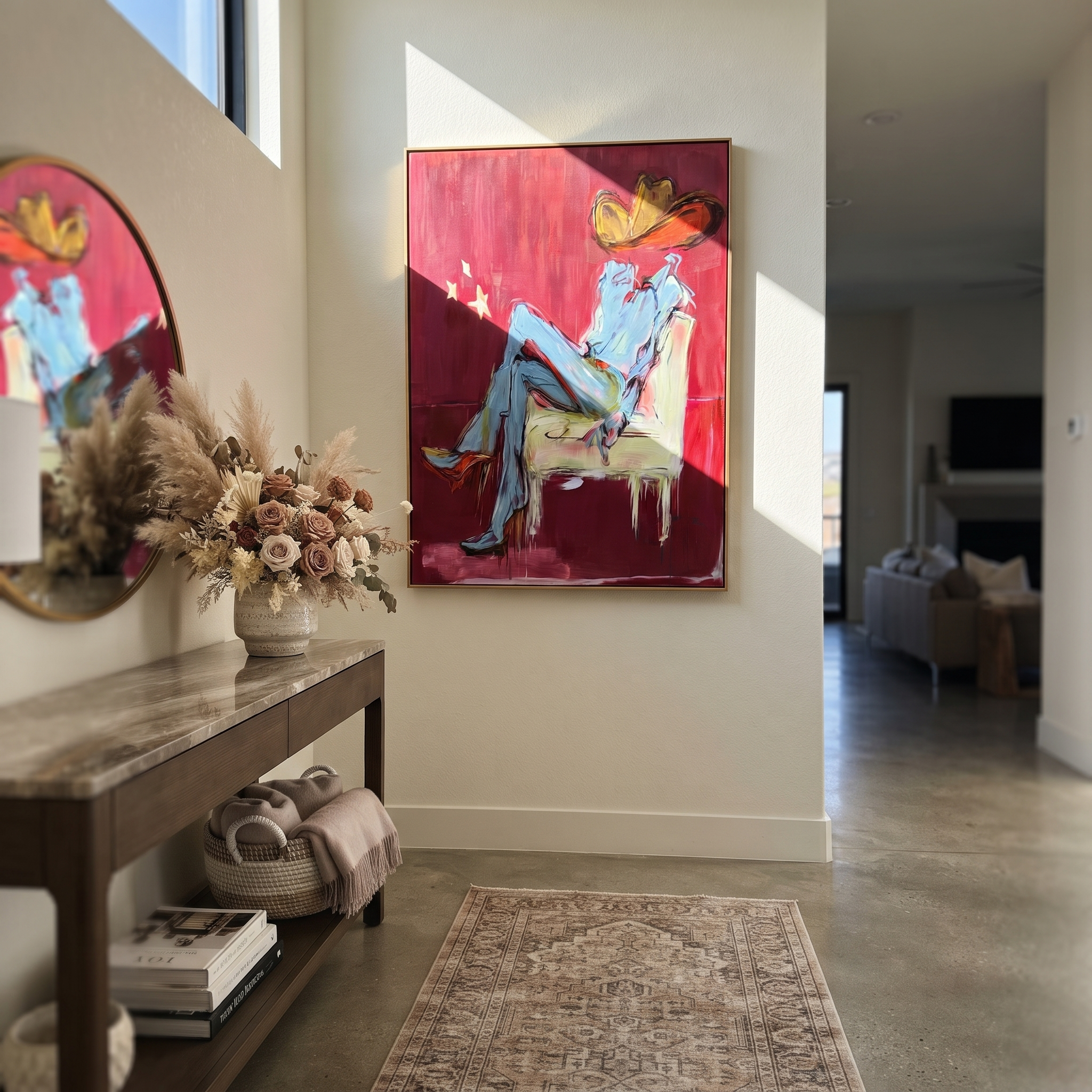 Blue Boots Rest Quietly - seated cowboy portrait painting by Ethan Mercer, contemporary Western vertical wall art – styled room scene view 5