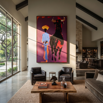 Black Bull Follows Blue - cowboy and black bull painting by Ethan Mercer, contemporary Western vertical wall art – styled room scene view 1