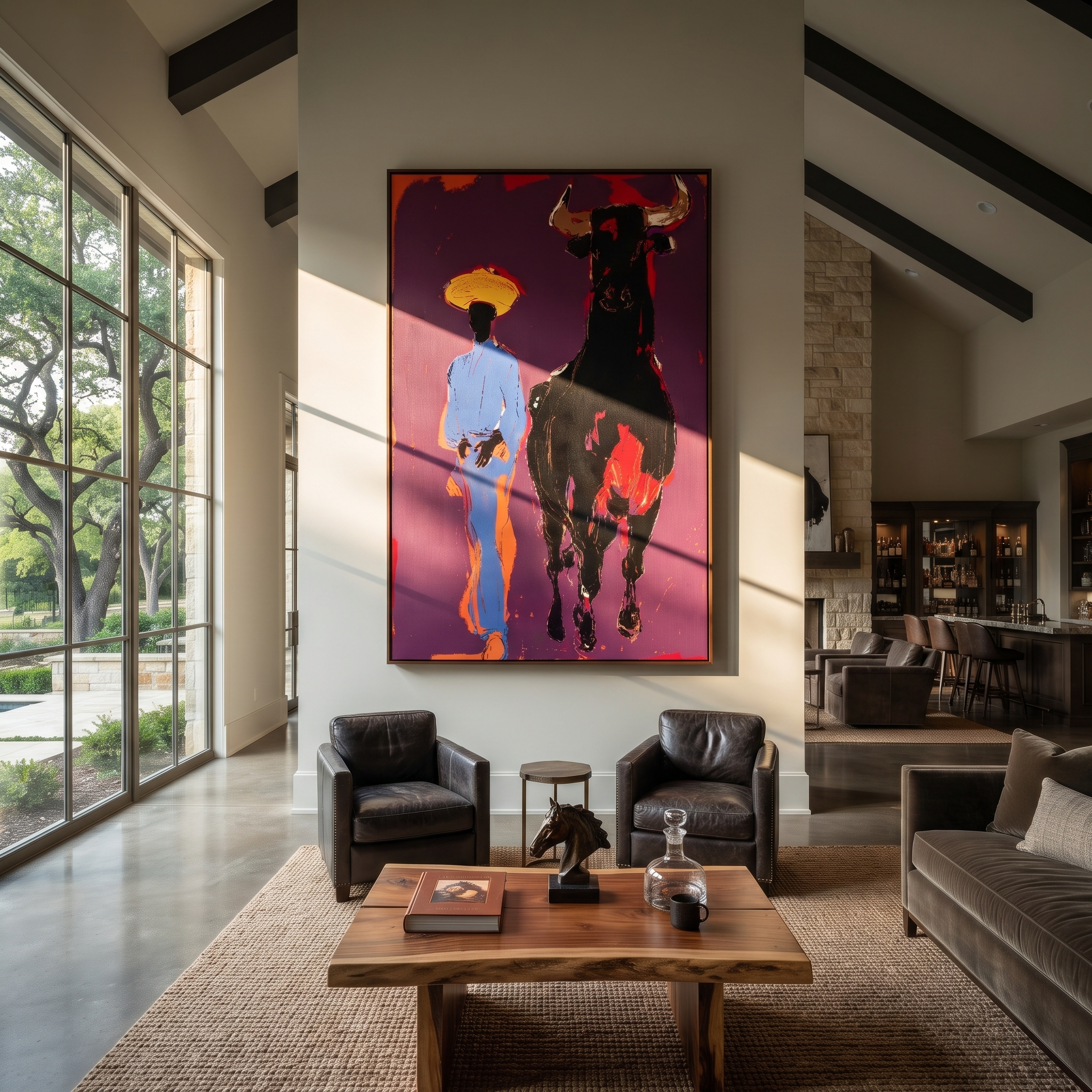 Black Bull Follows Blue - cowboy and black bull painting by Ethan Mercer, contemporary Western vertical wall art – styled room scene view 1