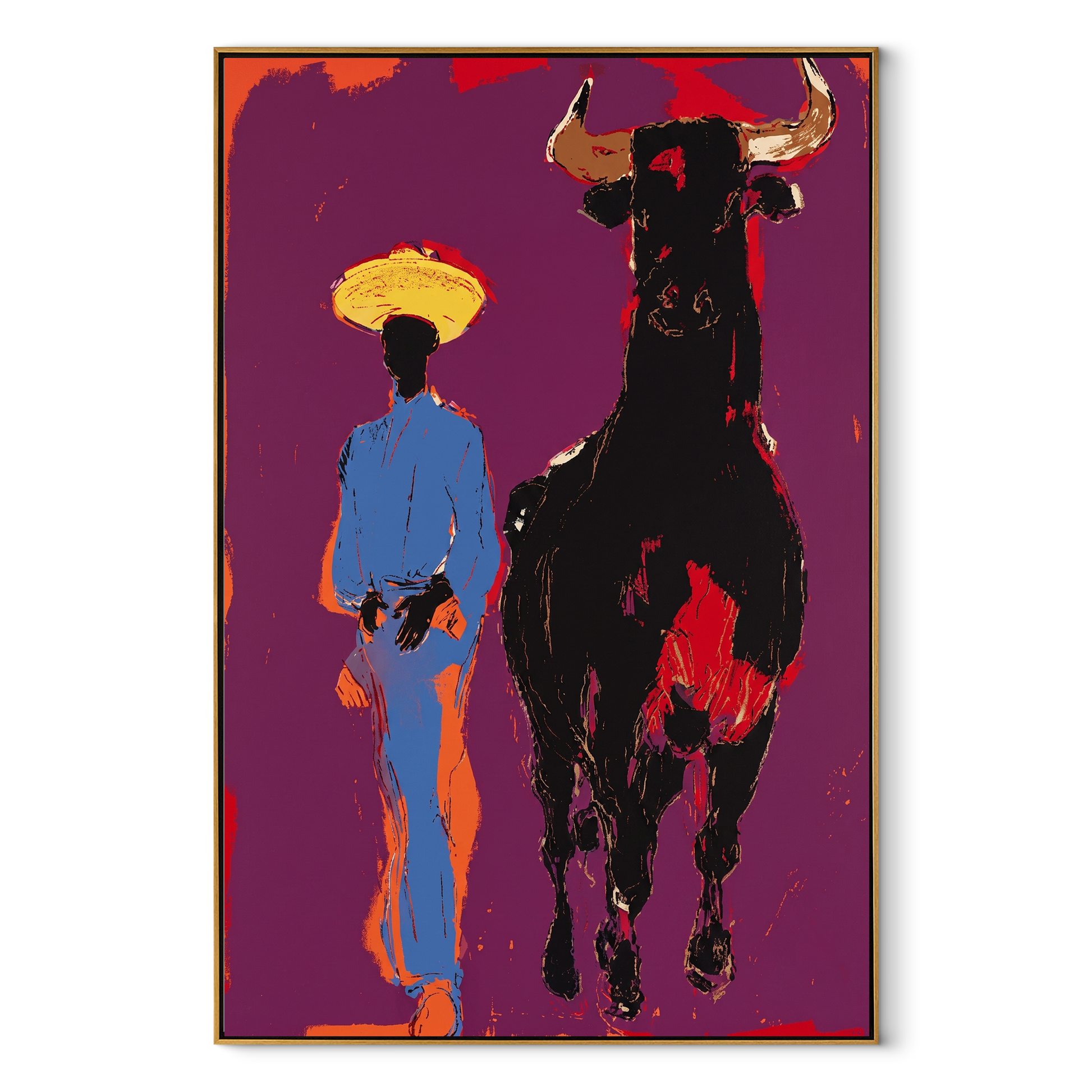 Black Bull Follows Blue - cowboy and black bull painting by Ethan Mercer, contemporary Western vertical wall art – wood frame on white background