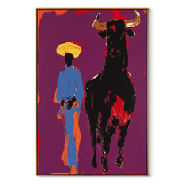 Black Bull Follows Blue - cowboy and black bull painting by Ethan Mercer, contemporary Western vertical wall art – wood frame on white background