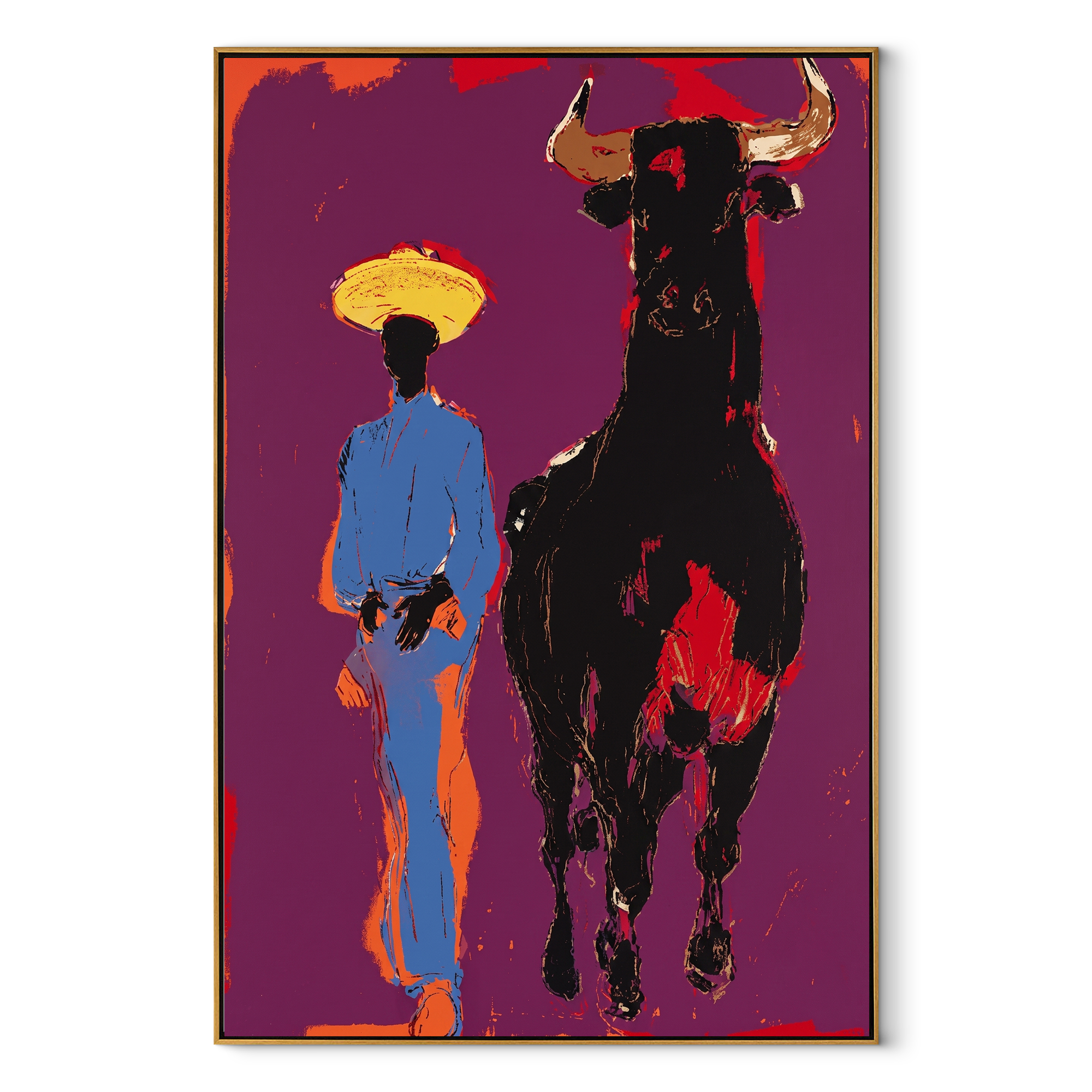 Black Bull Follows Blue - cowboy and black bull painting by Ethan Mercer, contemporary Western vertical wall art – wood frame on white background
