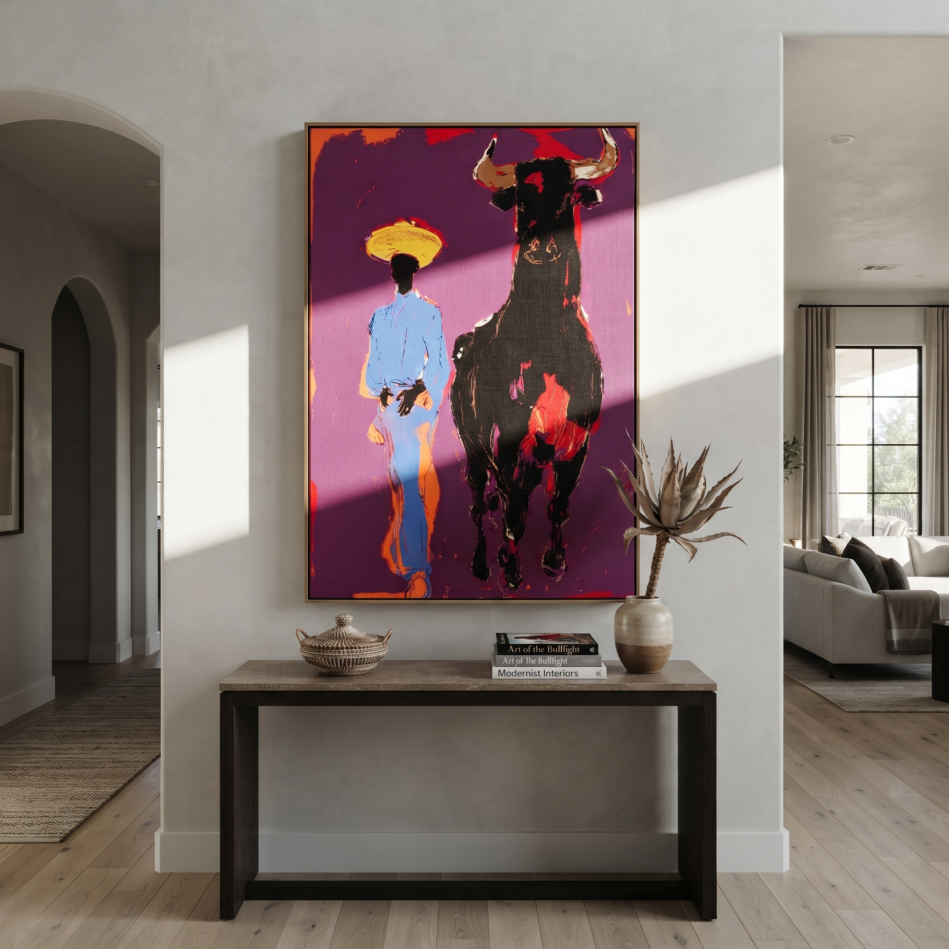 Black Bull Follows Blue - cowboy and black bull painting by Ethan Mercer, contemporary Western vertical wall art – styled room scene view 2