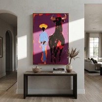 Black Bull Follows Blue - cowboy and black bull painting by Ethan Mercer, contemporary Western vertical wall art – styled room scene view 2