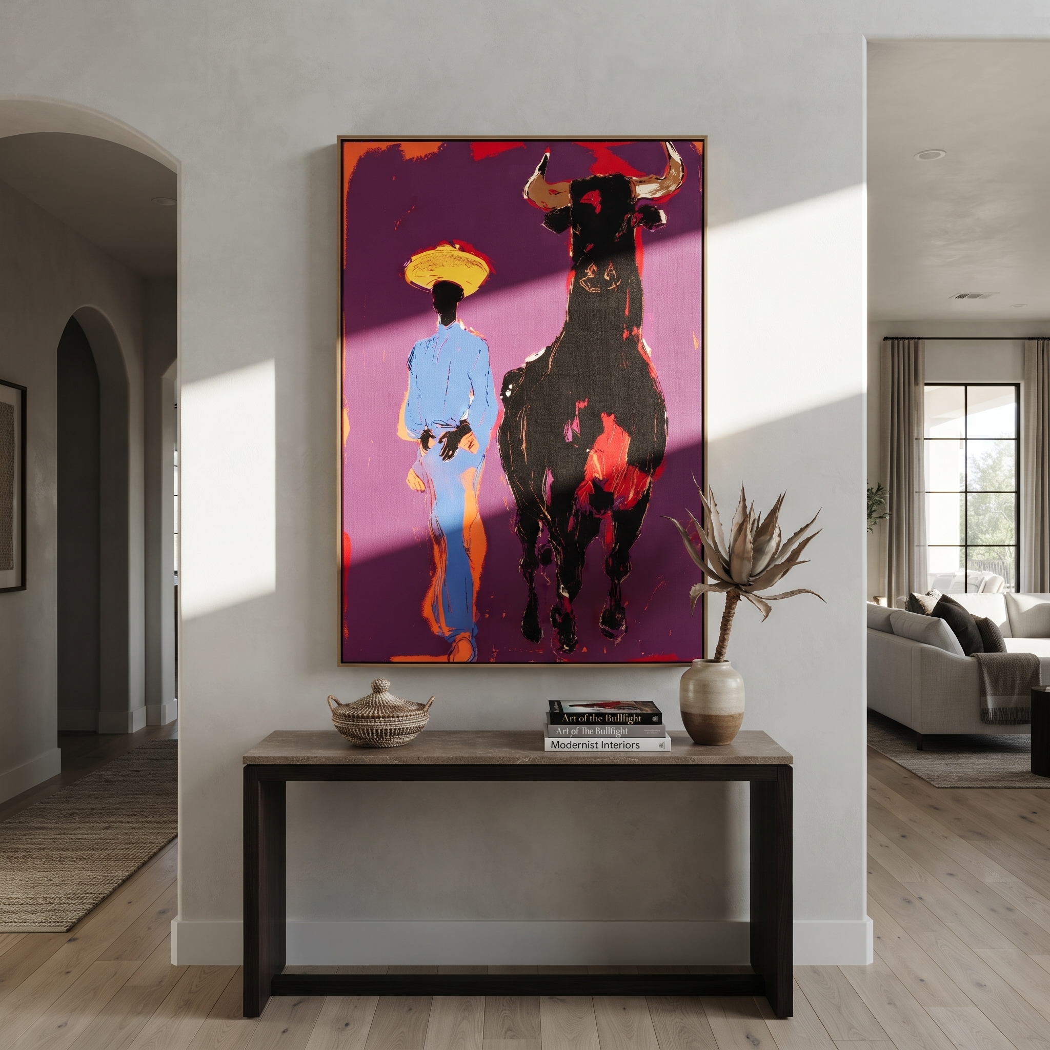 Black Bull Follows Blue - cowboy and black bull painting by Ethan Mercer, contemporary Western vertical wall art – styled room scene view 2