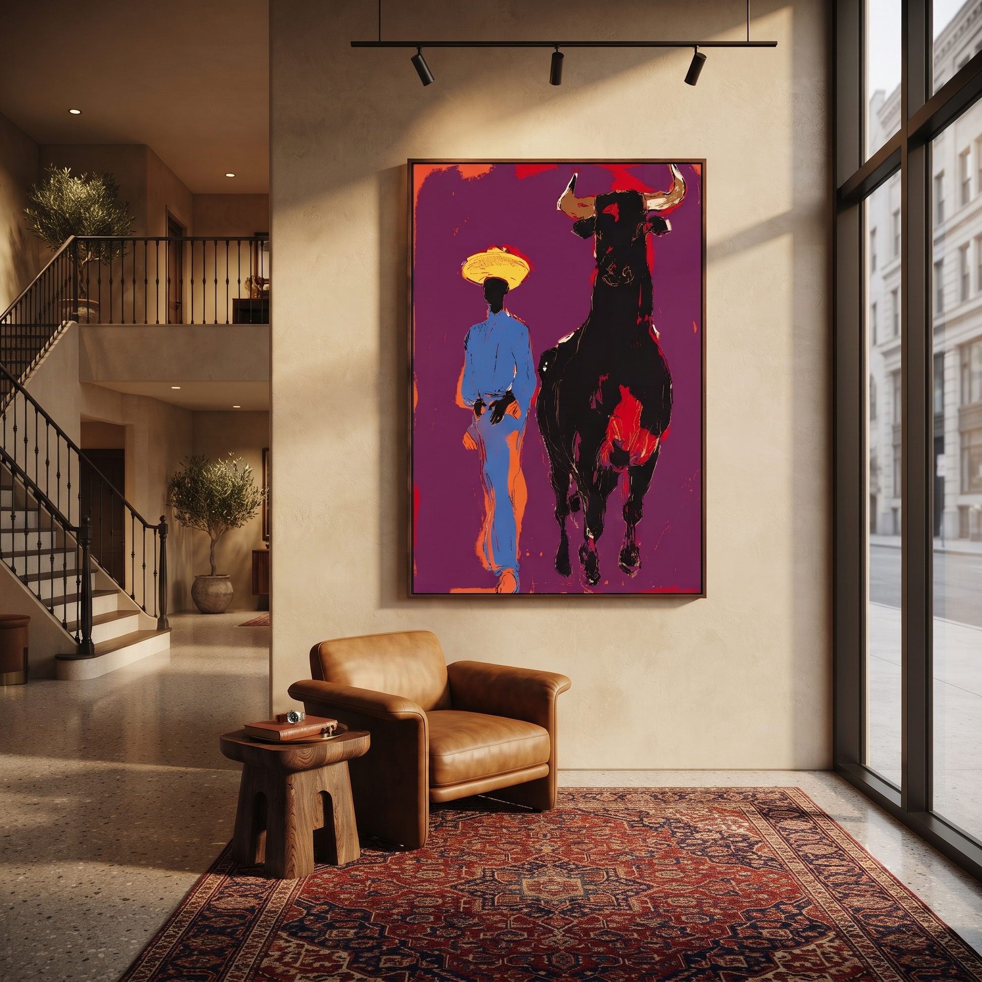 Black Bull Follows Blue - cowboy and black bull painting by Ethan Mercer, contemporary Western vertical wall art – styled room scene view 3