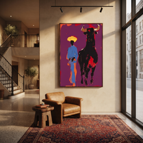 Black Bull Follows Blue - cowboy and black bull painting by Ethan Mercer, contemporary Western vertical wall art – styled room scene view 3