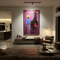 Black Bull Follows Blue - cowboy and black bull painting by Ethan Mercer, contemporary Western vertical wall art – styled room scene view 4