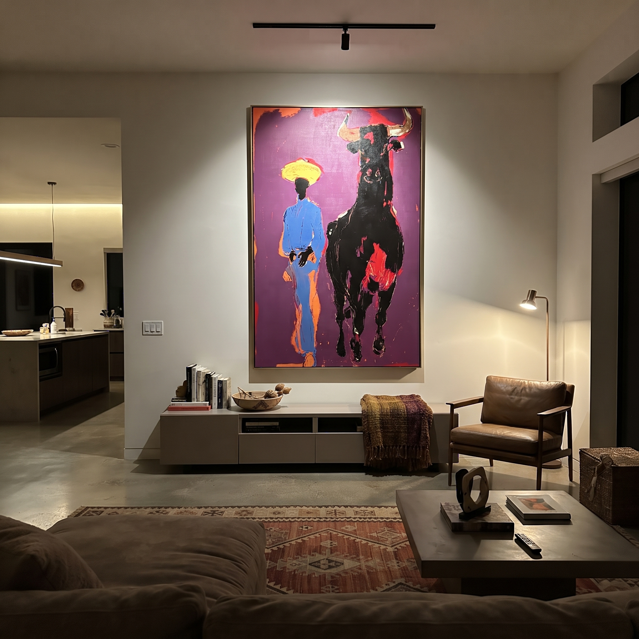 Black Bull Follows Blue - cowboy and black bull painting by Ethan Mercer, contemporary Western vertical wall art – styled room scene view 4