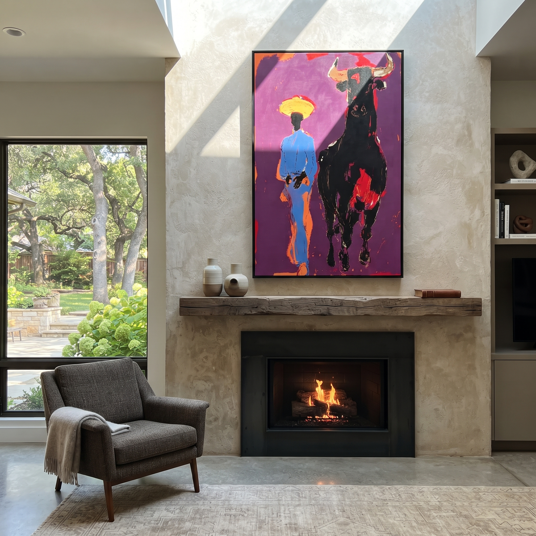 Black Bull Follows Blue - cowboy and black bull painting by Ethan Mercer, contemporary Western vertical wall art – styled room scene view 5