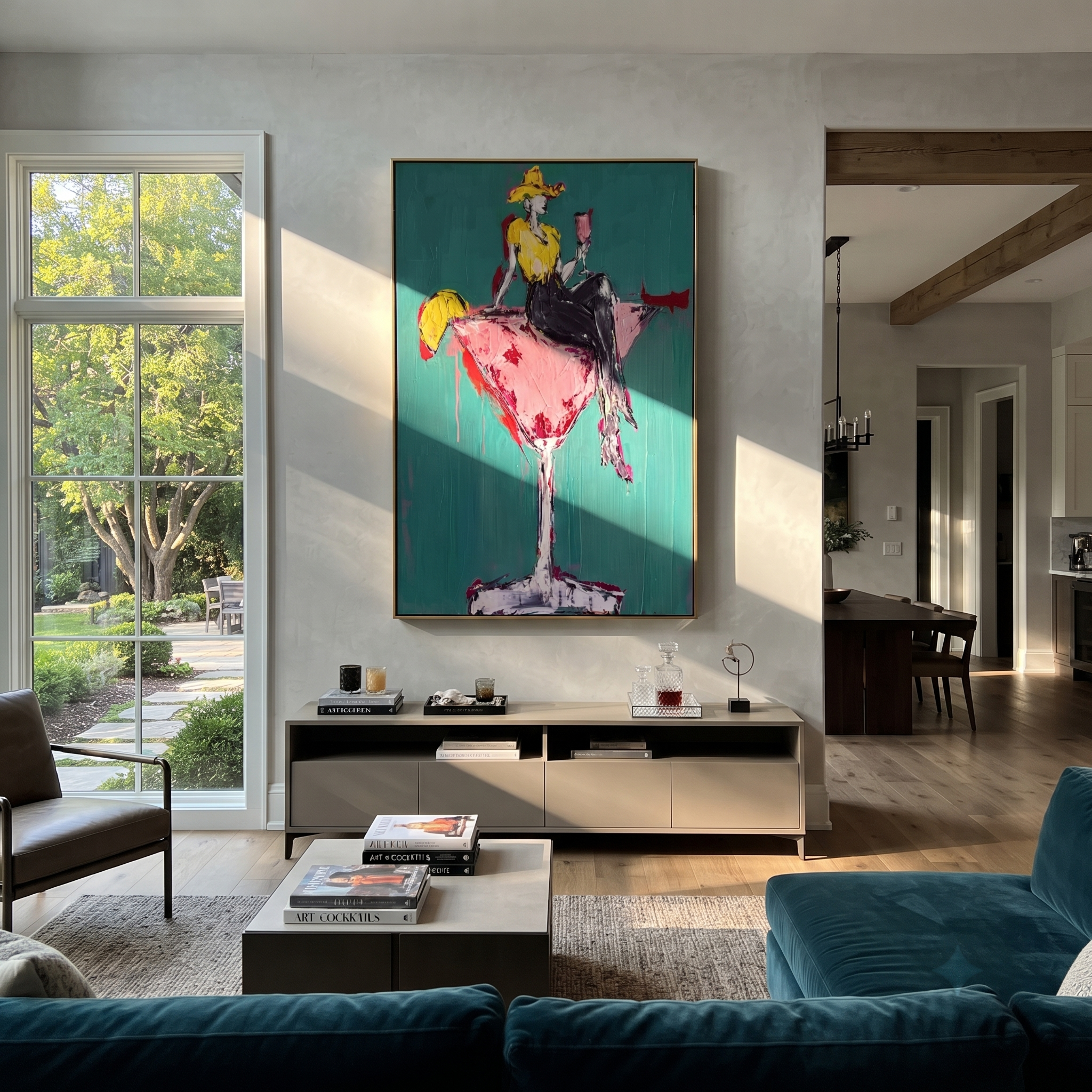 Golden Cowgirl Holds Rose - cowgirl martini glass painting by Ethan Mercer, contemporary Western vertical wall art – styled room scene view 1