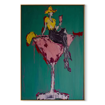 Golden Cowgirl Holds Rose - cowgirl martini glass painting by Ethan Mercer, contemporary Western vertical wall art – wood frame on white background