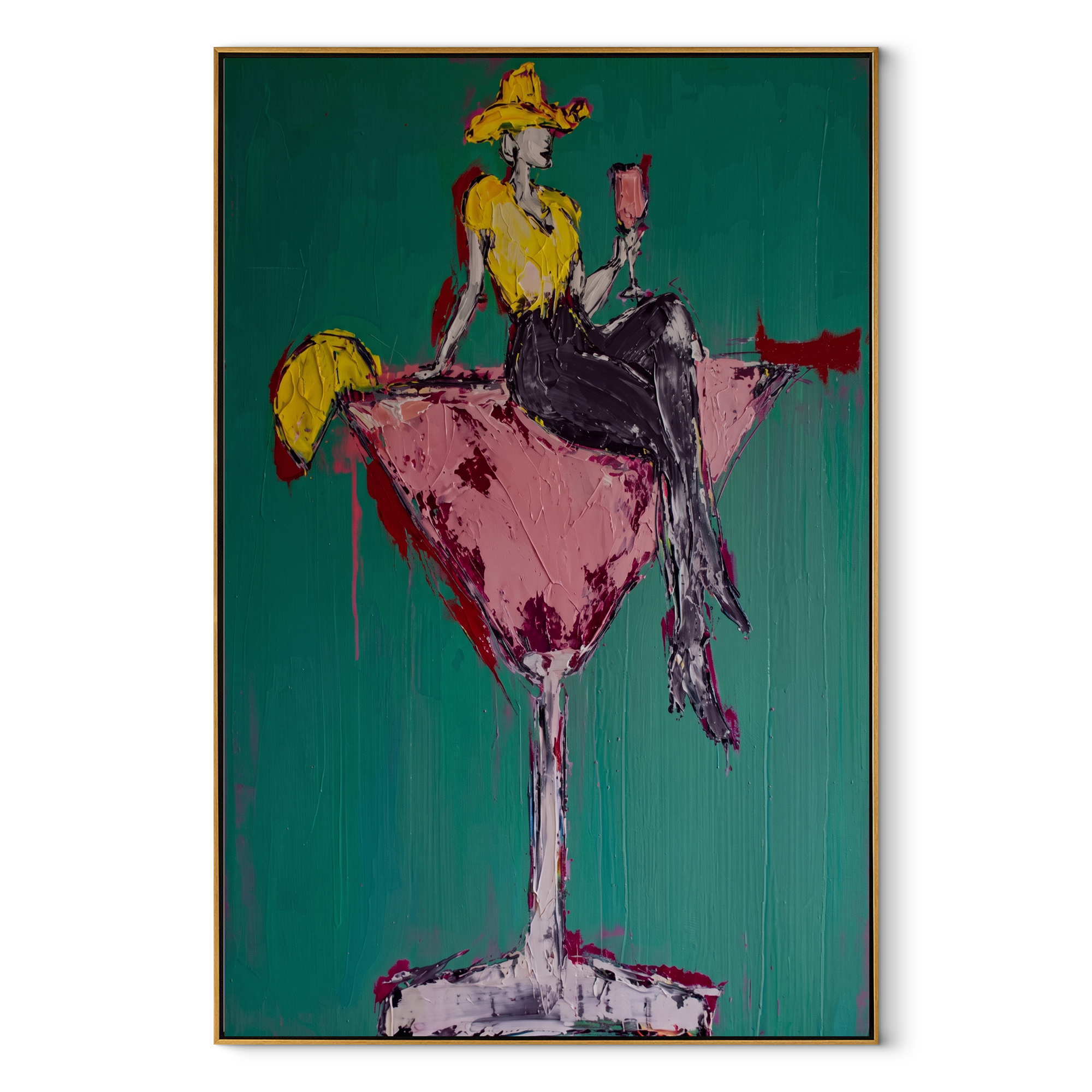Golden Cowgirl Holds Rose - cowgirl martini glass painting by Ethan Mercer, contemporary Western vertical wall art – wood frame on white background